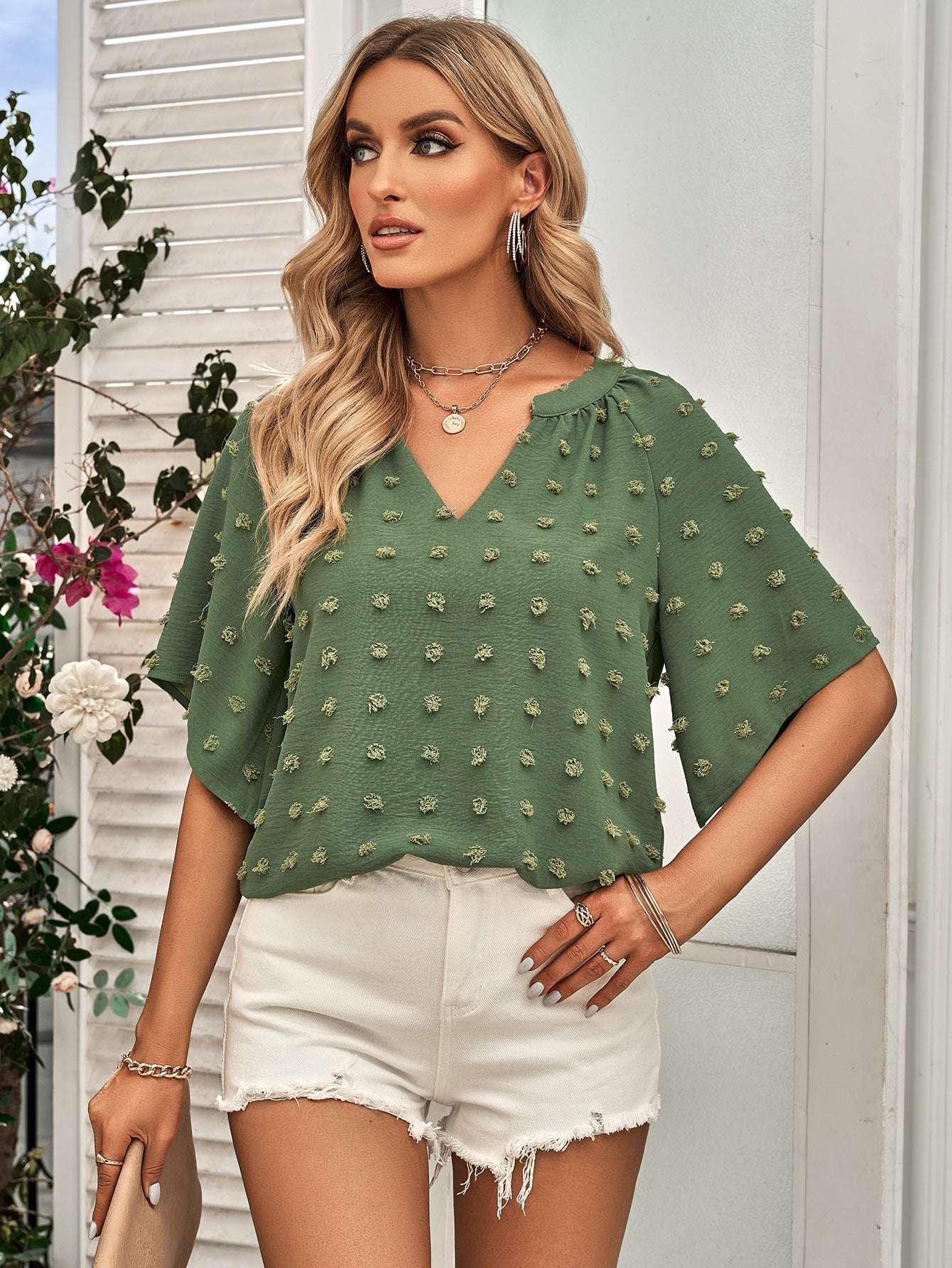 Swiss Dot Notched Neck Flare Sleeve Blouse - VILLA FASHION